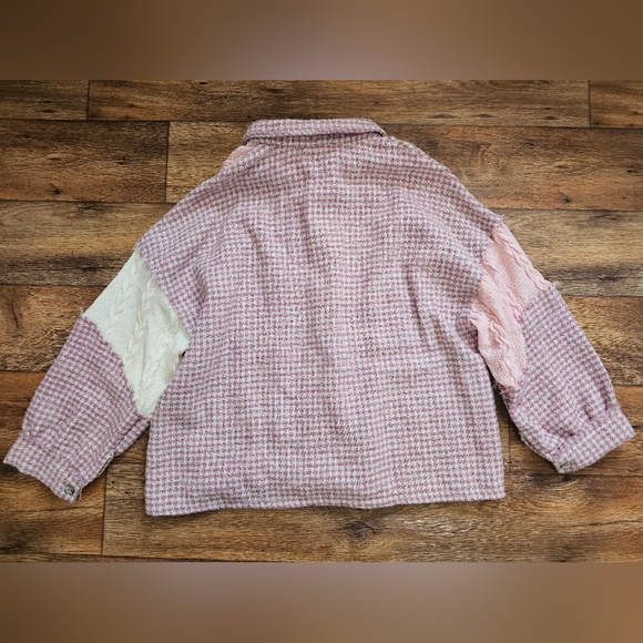 POL Patchwork Sweater Shacket - Pink Cable Knit - Size Medium - Picture 4 of 8